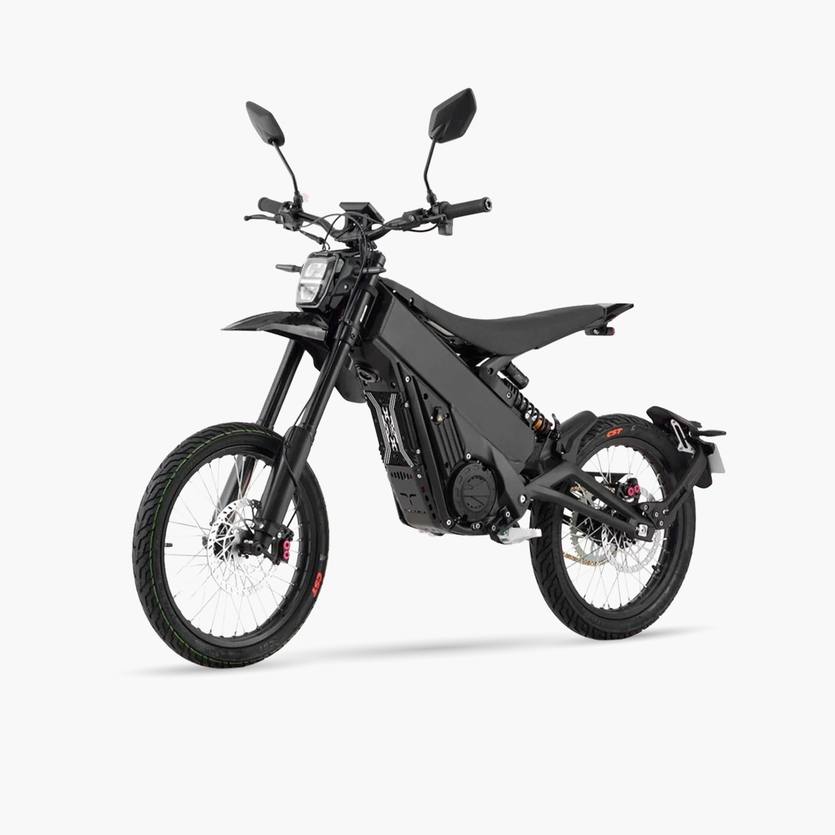 טלריה XXX PRO אופנוע שטח חשמלי שחור עם מראות, מבט אלכסוני מלפנים