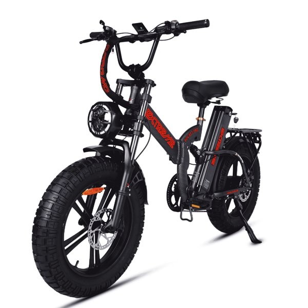 אופניים חשמליים Extreme ROCKET PRO בצד שמאל מלפנים, עם צג דיגיטלי צבעוני, כיסא רחב ושיכוך מלא