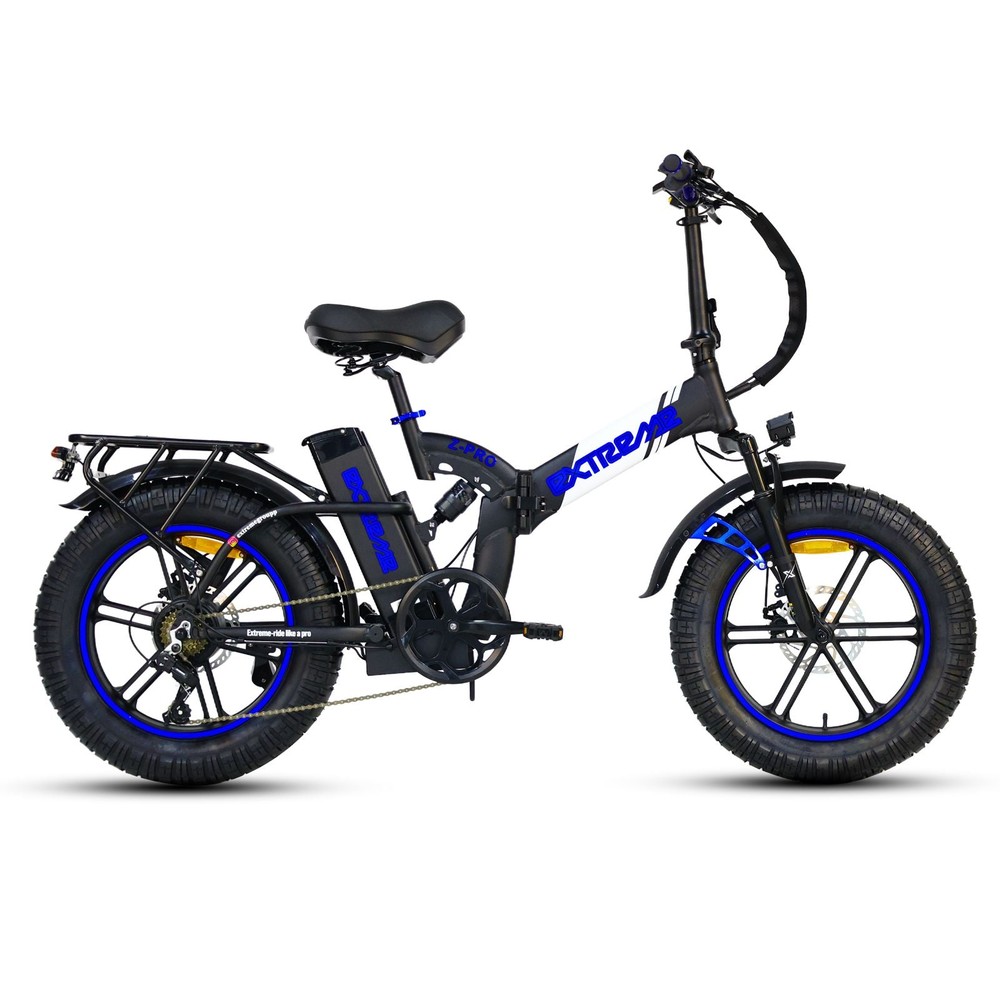 Extreme Z PRO 48V 21Ah במבט צד, עם סבל אחורי מאסיבי, כיסא רחב וצמיגים רחבים 4.5 אינץ׳